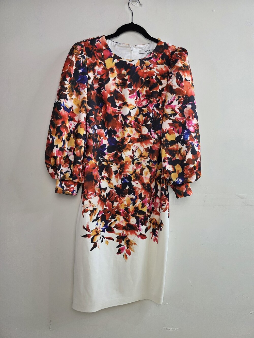 Badgley Mischka White Floral Print Puff-Sleeve Scuba Sheath Dress, Size 10